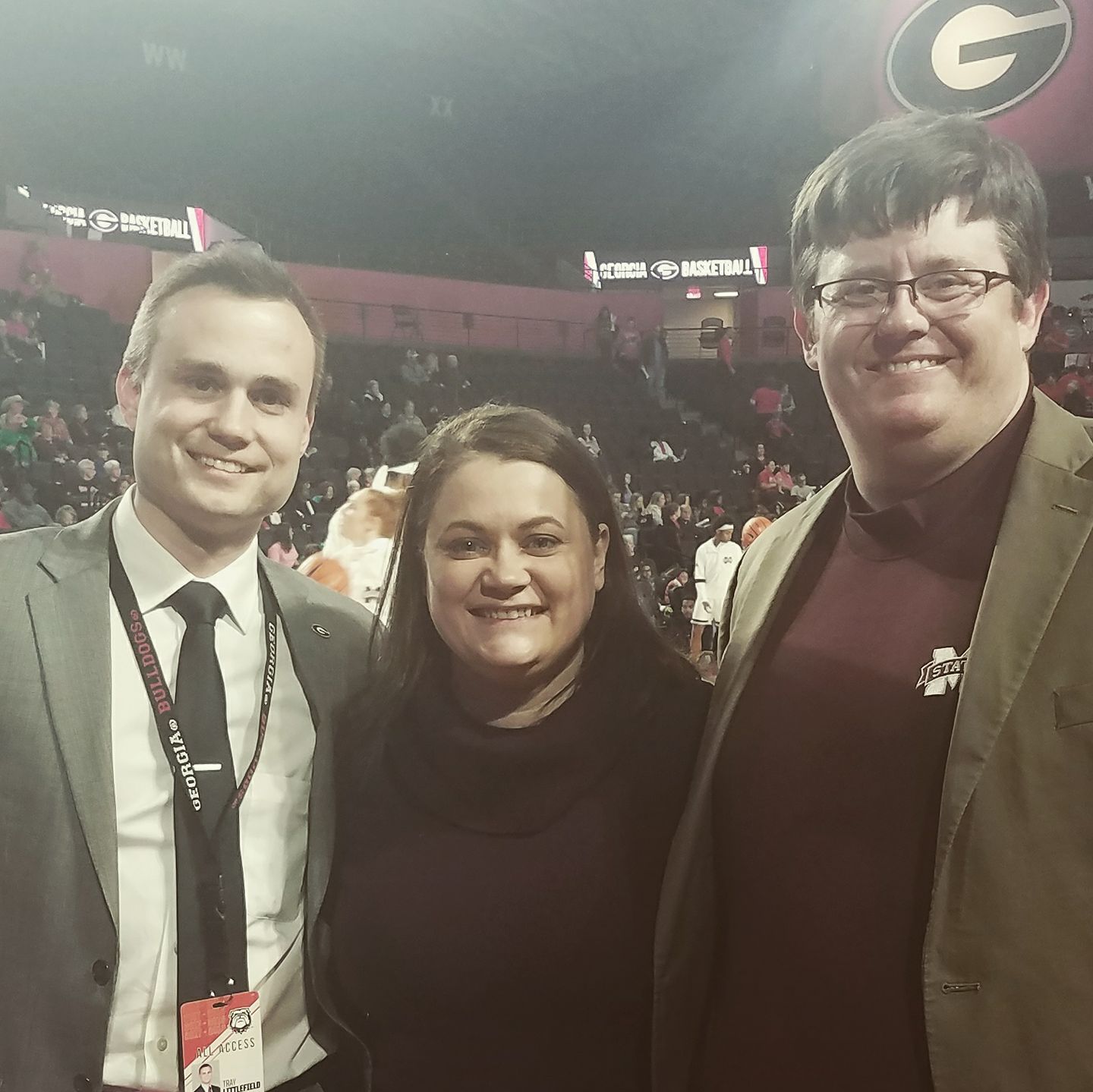 Cassie Chance with Trey Littlefield and Brock Turnipseed at Stegeman Coliseum at the University of Georgia in Athens, Georgia